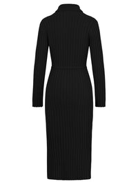 Rippenstrickkleid mit Rollkragen und Strickgürtel | schwarz