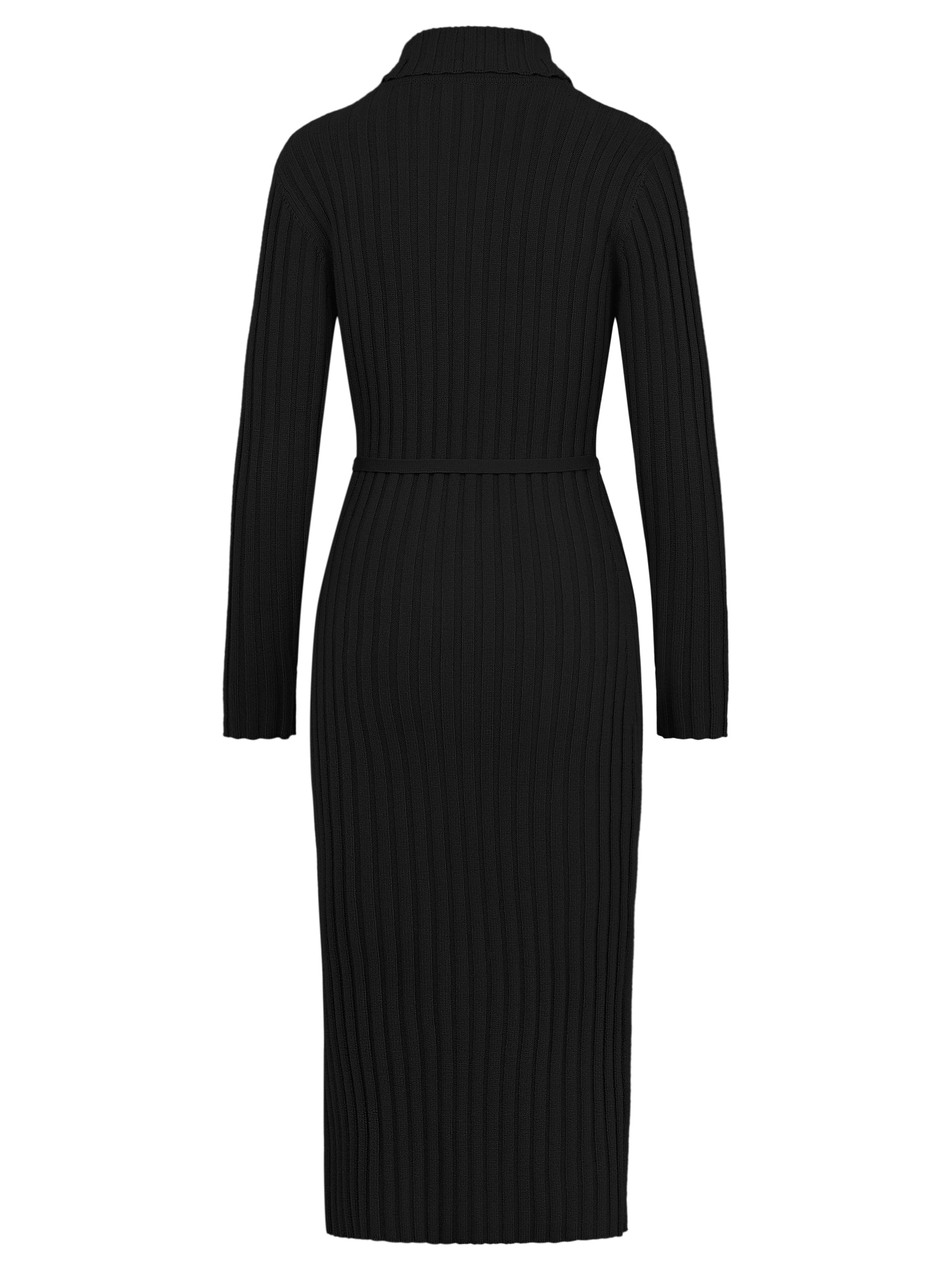 Rippenstrickkleid mit Rollkragen und Strickgürtel | schwarz