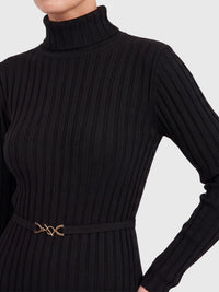 Rippenstrickkleid mit Rollkragen und Strickgürtel | schwarz