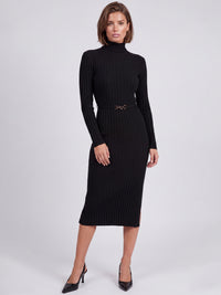 Rippenstrickkleid mit Rollkragen und Strickgürtel | schwarz