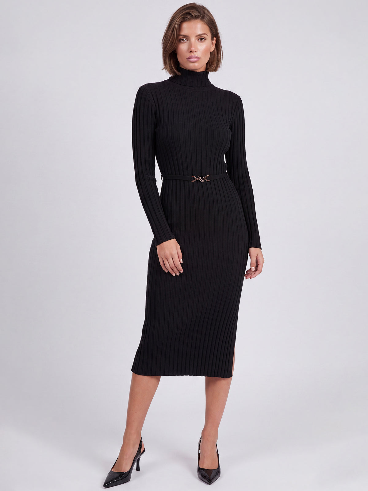 Rippenstrickkleid mit Rollkragen und Strickgürtel | schwarz