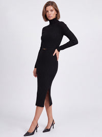 Rippenstrickkleid mit Rollkragen und Strickgürtel | schwarz
