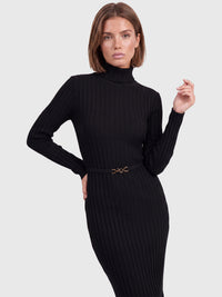 Rippenstrickkleid mit Rollkragen und Strickgürtel | schwarz