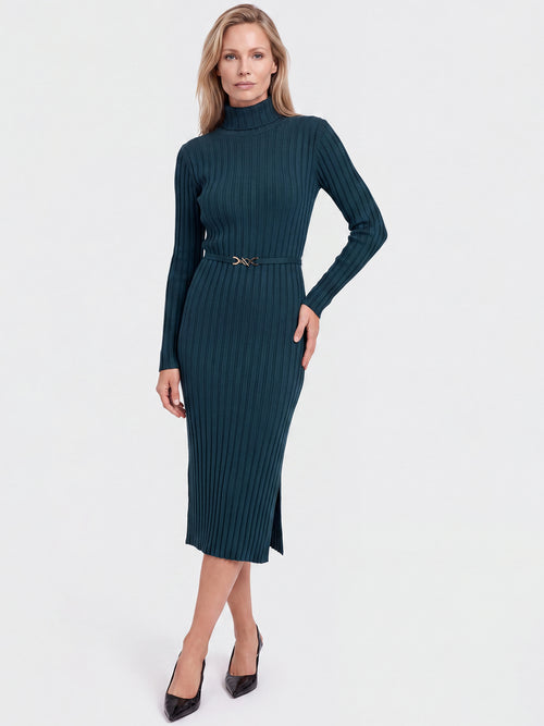 Rippenstrickkleid mit Rollkragen und Strickgürtel | petrol image 1
