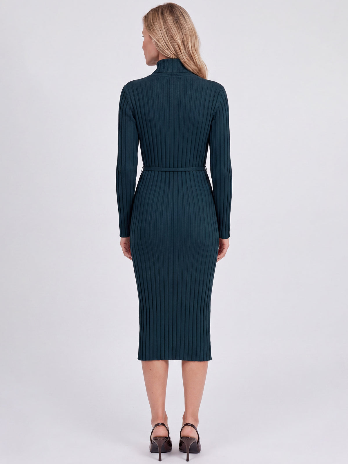 Rippenstrickkleid mit Rollkragen und Strickgürtel | petrol