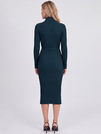 Rippenstrickkleid mit Rollkragen und Strickgürtel | petrol