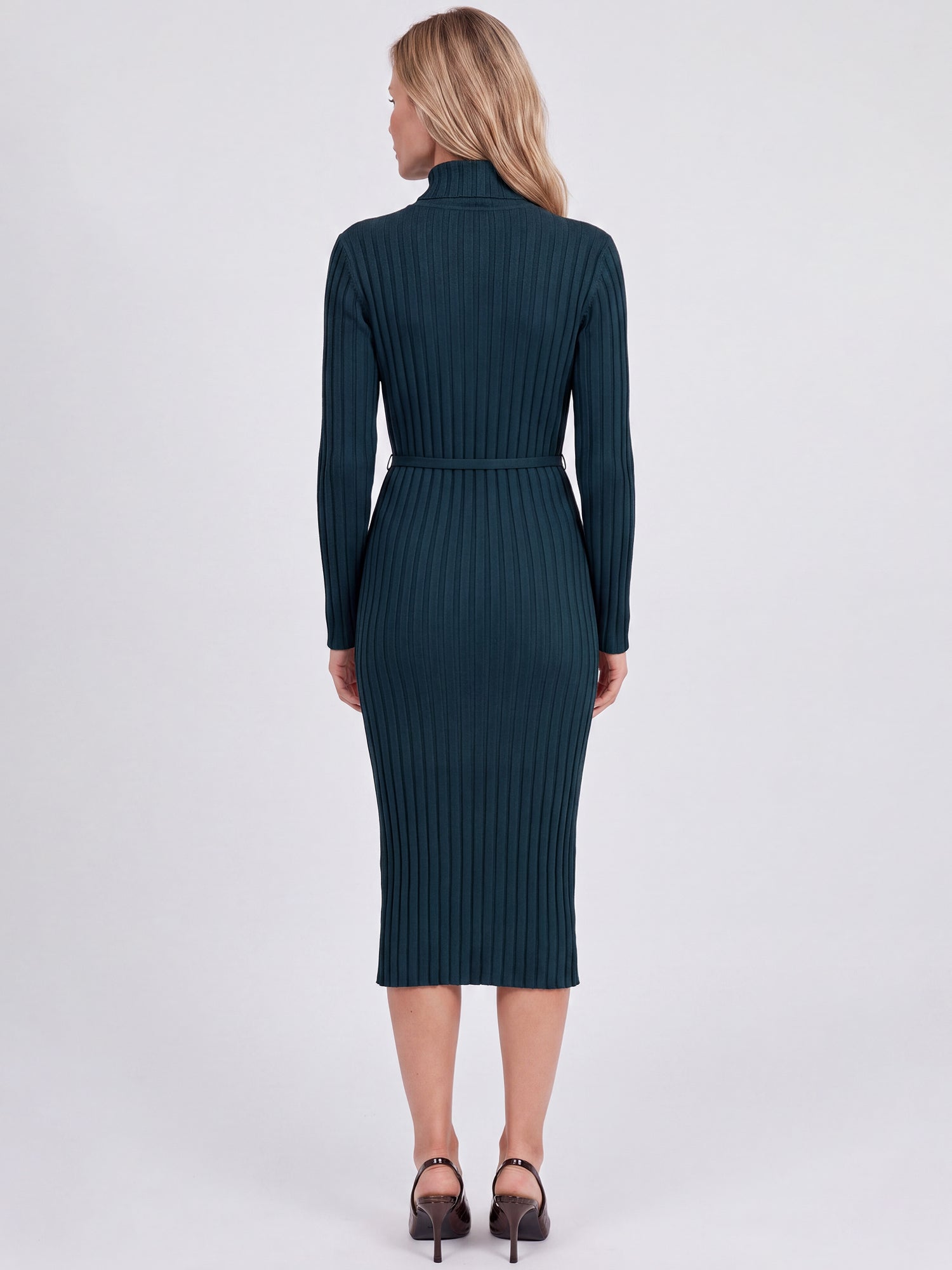 Rippenstrickkleid mit Rollkragen und Strickgürtel | petrol