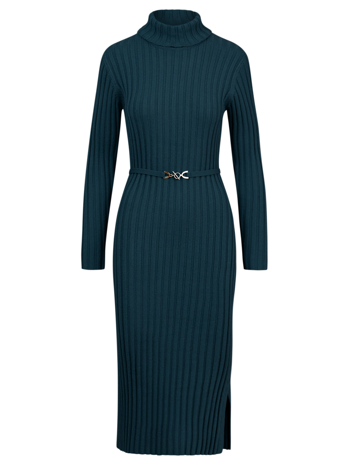 Rippenstrickkleid mit Rollkragen und Strickgürtel | petrol