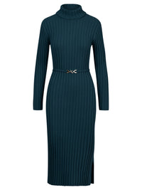 Rippenstrickkleid mit Rollkragen und Strickgürtel | petrol