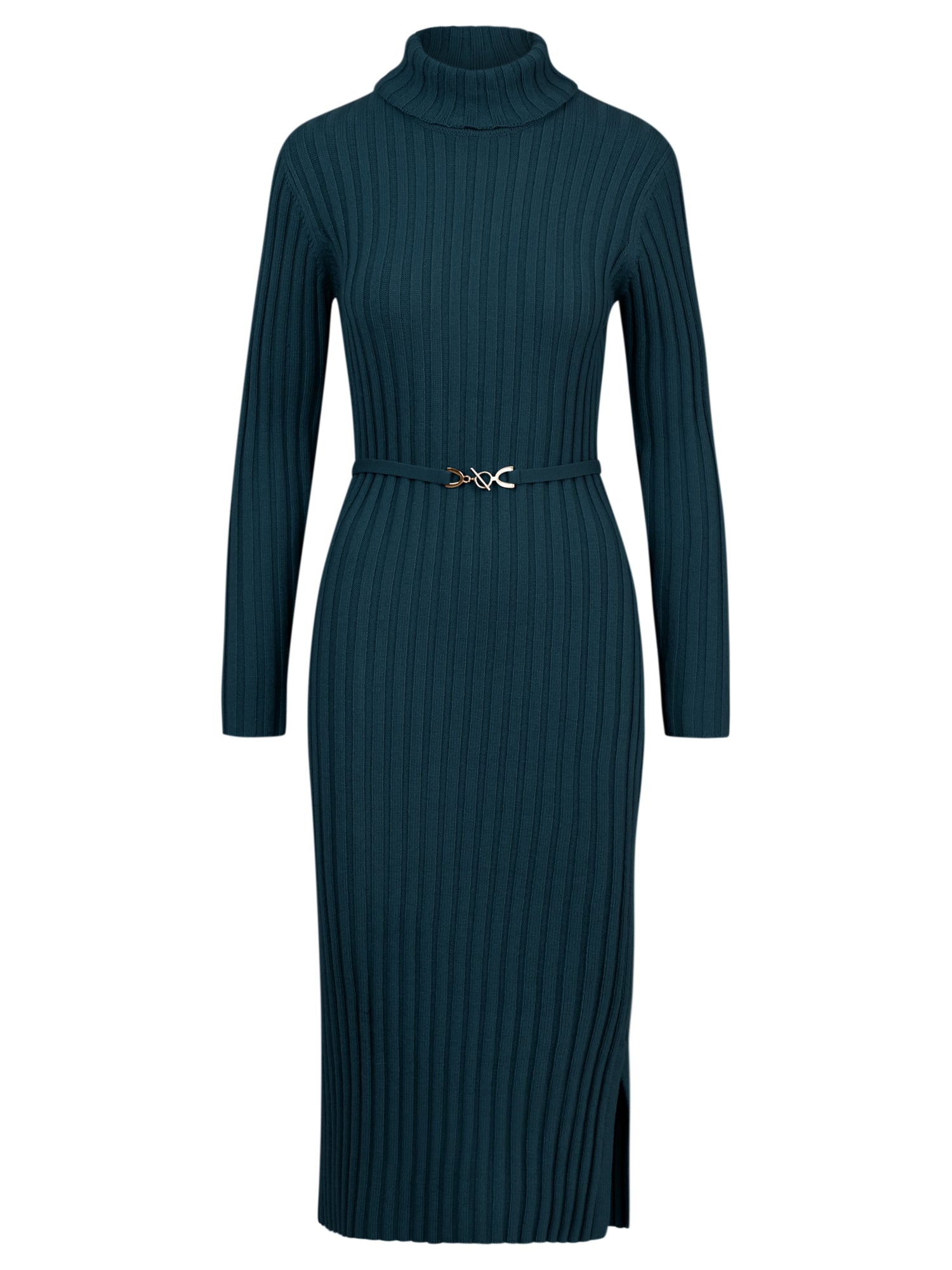Rippenstrickkleid mit Rollkragen und Strickgürtel | petrol