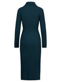 Rippenstrickkleid mit Rollkragen und Strickgürtel | petrol