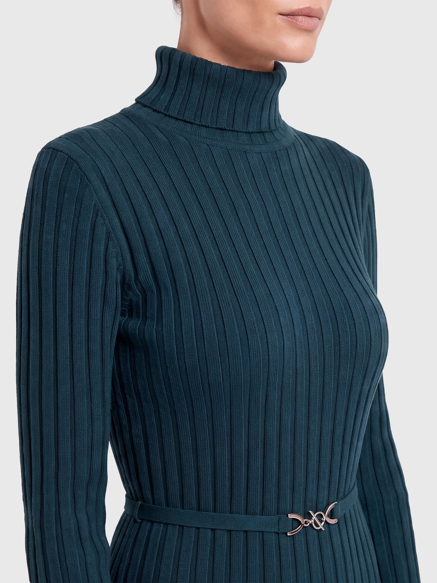 Rippenstrickkleid mit Rollkragen und Strickgürtel | petrol
