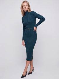 Rippenstrickkleid mit Rollkragen und Strickgürtel | petrol