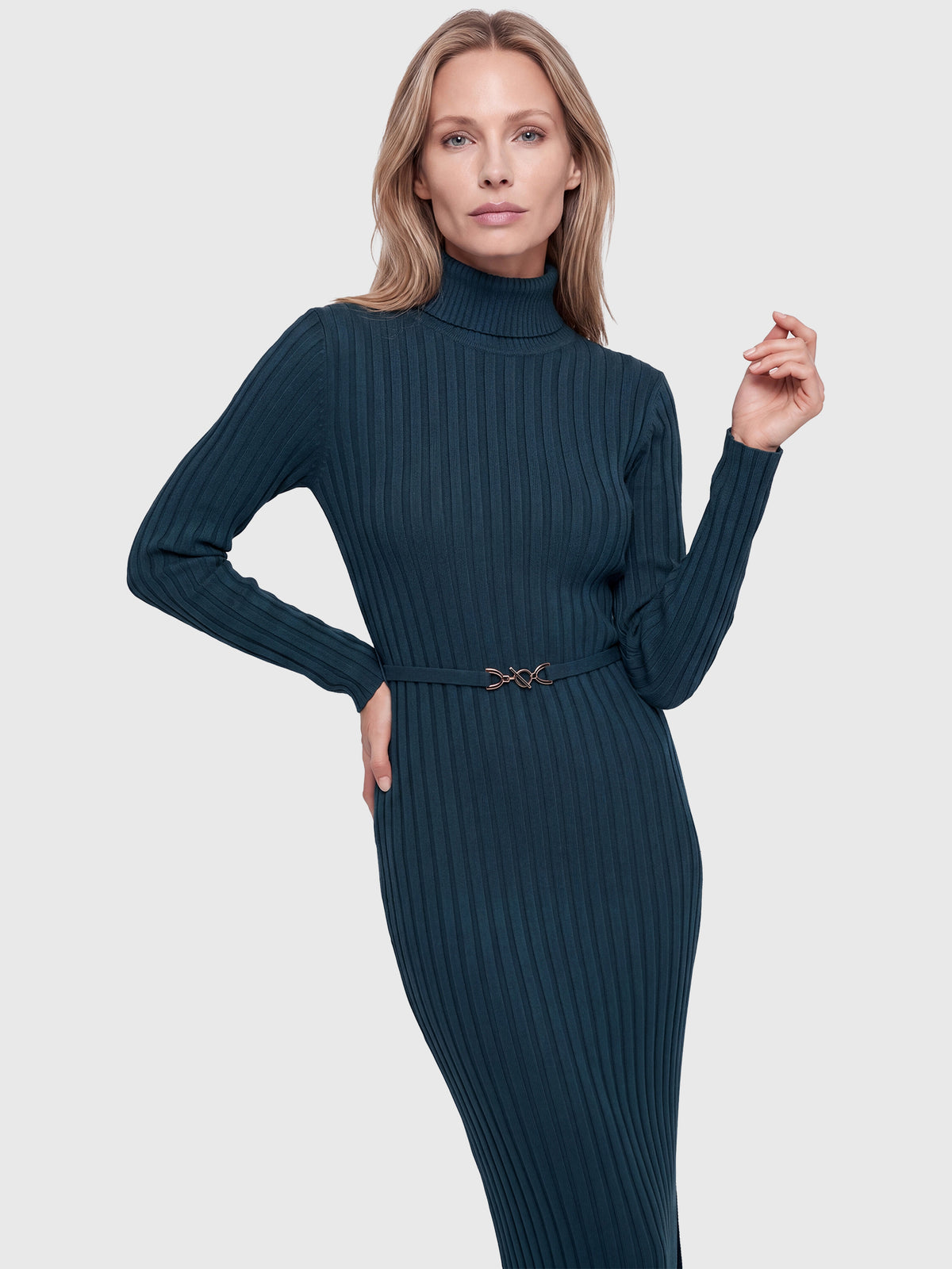 Rippenstrickkleid mit Rollkragen und Strickgürtel | petrol