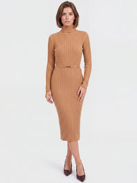 Rippenstrickkleid mit Rollkragen und Strickgürtel | camel