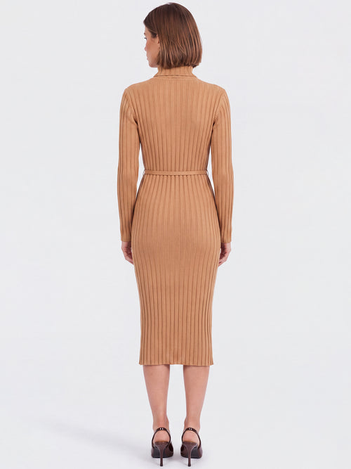 Rippenstrickkleid mit Rollkragen und Strickgürtel | camel image 1