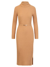 Rippenstrickkleid mit Rollkragen und Strickgürtel | camel