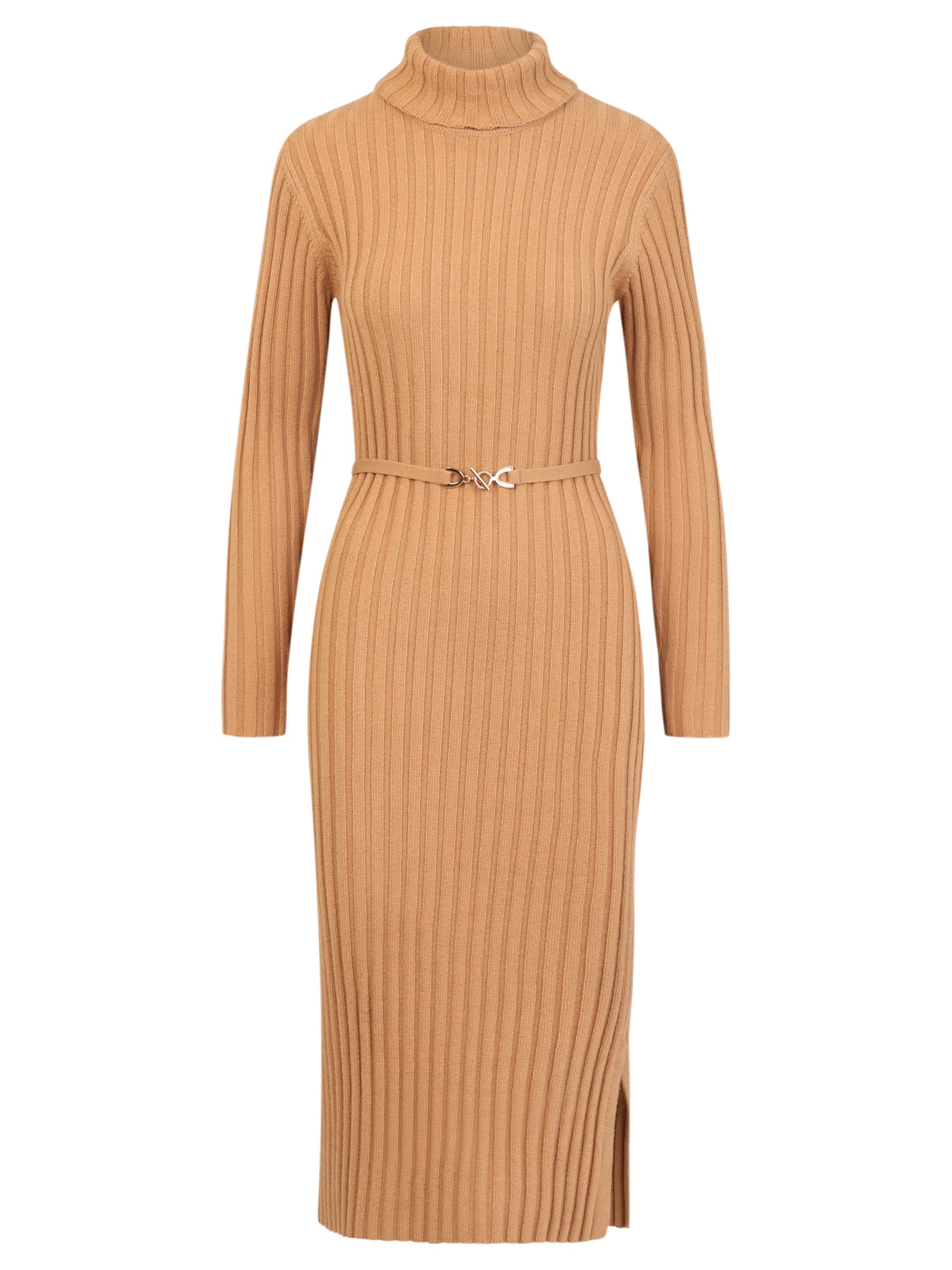 Rippenstrickkleid mit Rollkragen und Strickgürtel | camel