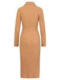 Rippenstrickkleid mit Rollkragen und Strickgürtel | camel