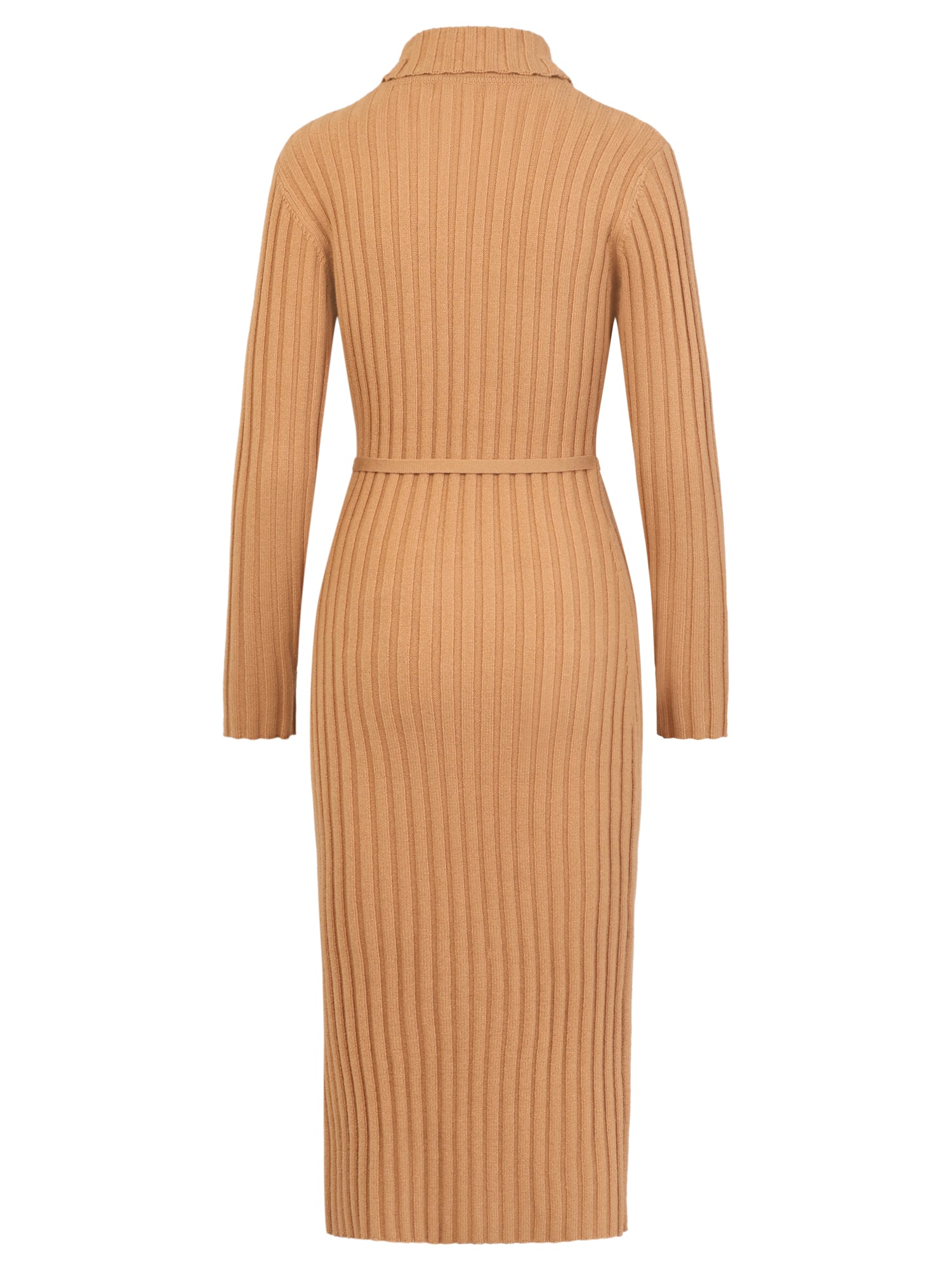Rippenstrickkleid mit Rollkragen und Strickgürtel | camel