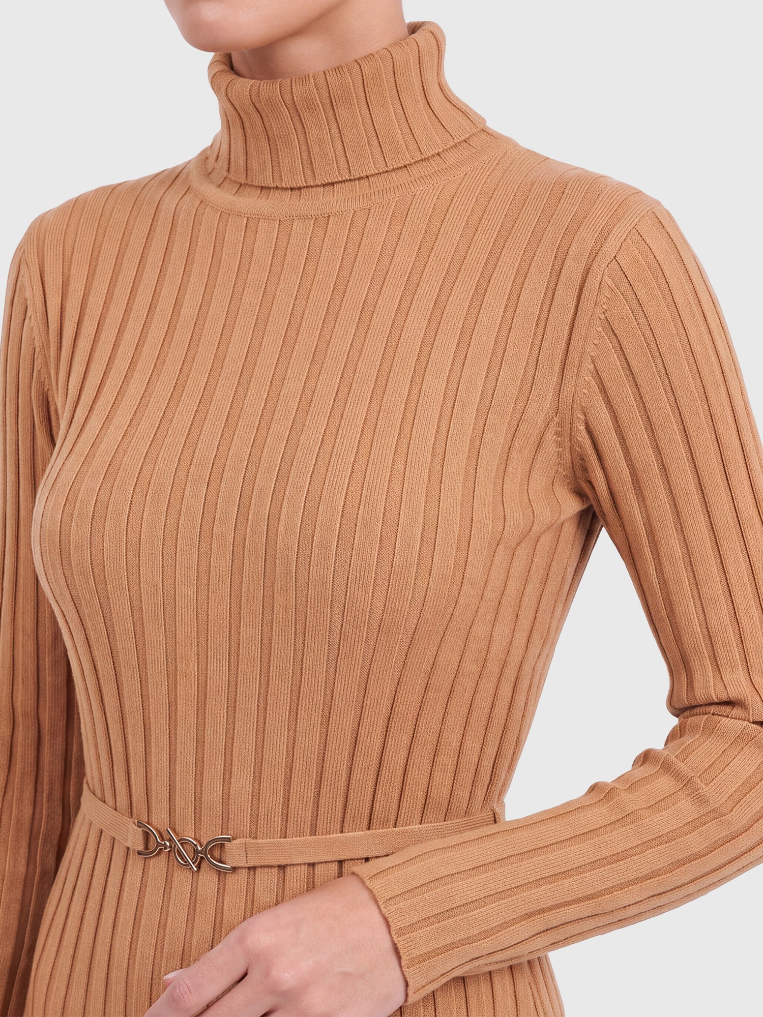 Rippenstrickkleid mit Rollkragen und Strickgürtel | camel