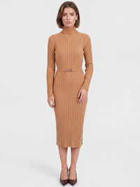 Rippenstrickkleid mit Rollkragen und Strickgürtel | camel