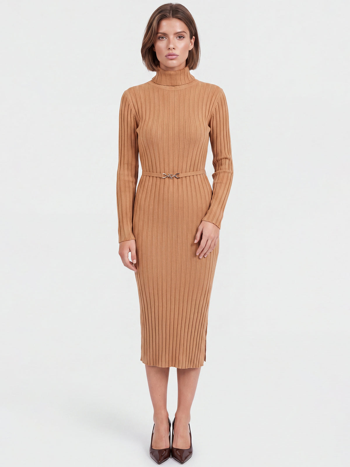 Rippenstrickkleid mit Rollkragen und Strickgürtel | camel