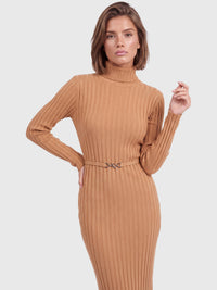 Rippenstrickkleid mit Rollkragen und Strickgürtel | camel