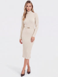 Rippenstrickkleid mit Rollkragen und Strickgürtel | champagner