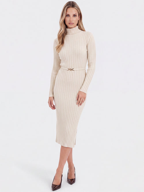 Rippenstrickkleid mit Rollkragen und Strickgürtel | champagner image 1