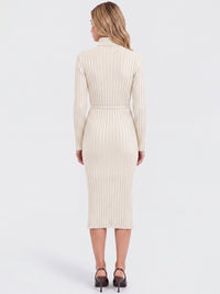 Rippenstrickkleid mit Rollkragen und Strickgürtel | champagner