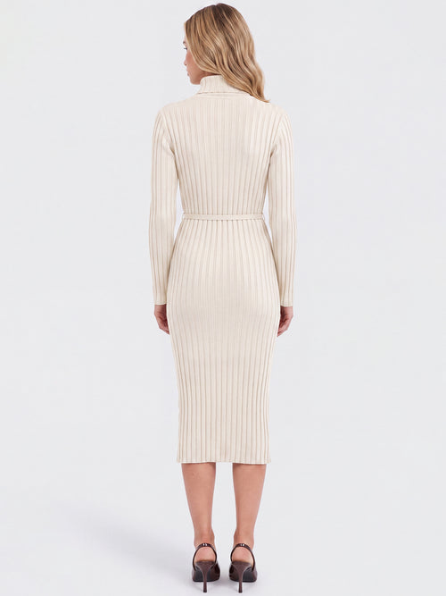 Rippenstrickkleid mit Rollkragen und Strickgürtel | champagner image 1