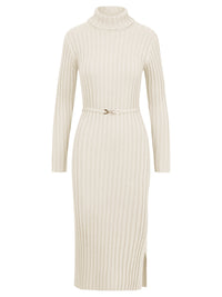Rippenstrickkleid mit Rollkragen und Strickgürtel | champagner