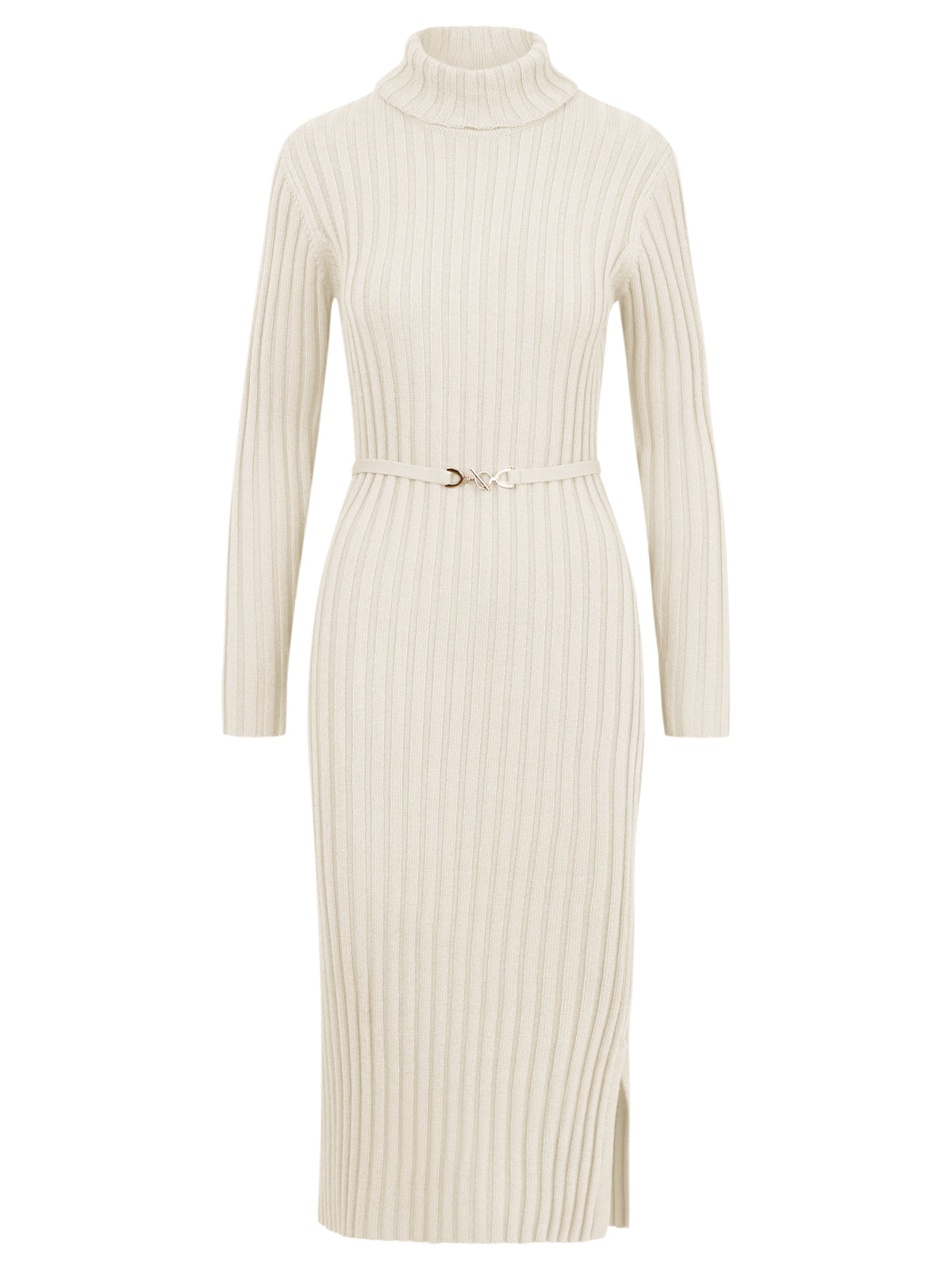 Rippenstrickkleid mit Rollkragen und Strickgürtel | champagner