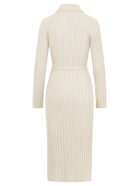 Rippenstrickkleid mit Rollkragen und Strickgürtel | champagner