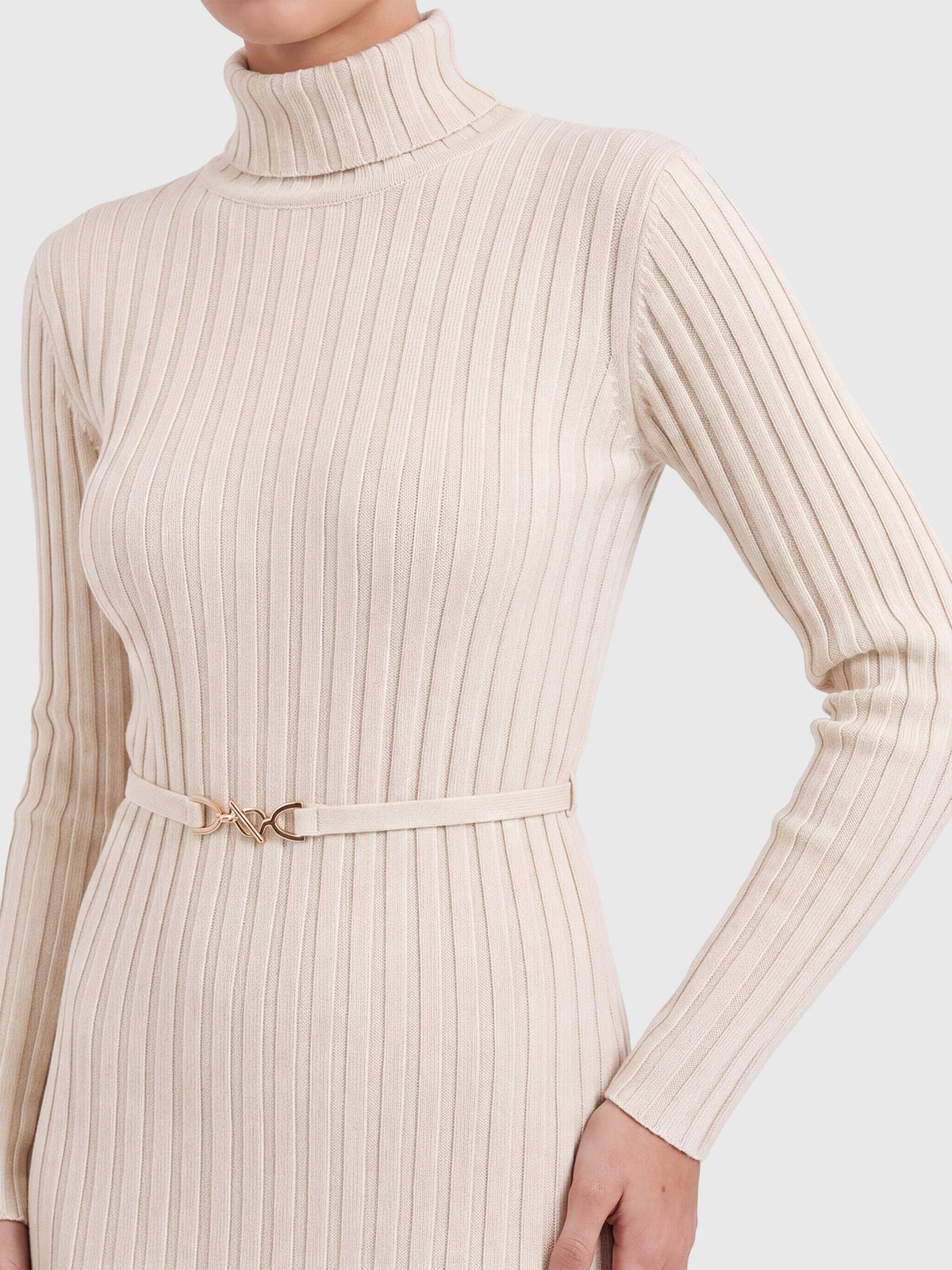 Rippenstrickkleid mit Rollkragen und Strickgürtel | champagner