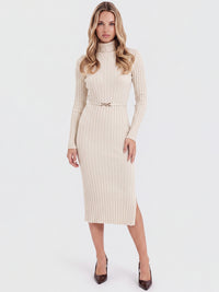 Rippenstrickkleid mit Rollkragen und Strickgürtel | champagner