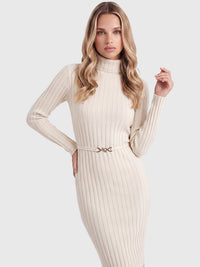 Rippenstrickkleid mit Rollkragen und Strickgürtel | champagner