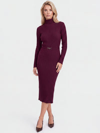 Rippenstrickkleid mit Rollkragen und Strickgürtel | weinrot