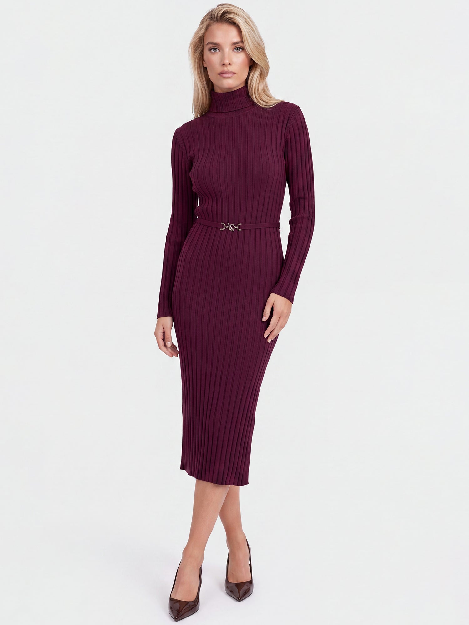 Rippenstrickkleid mit Rollkragen und Strickgürtel | weinrot