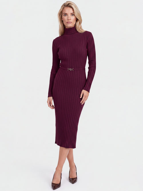 Rippenstrickkleid mit Rollkragen und Strickgürtel | weinrot image 1