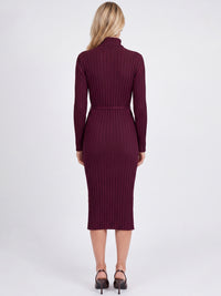 Rippenstrickkleid mit Rollkragen und Strickgürtel | weinrot