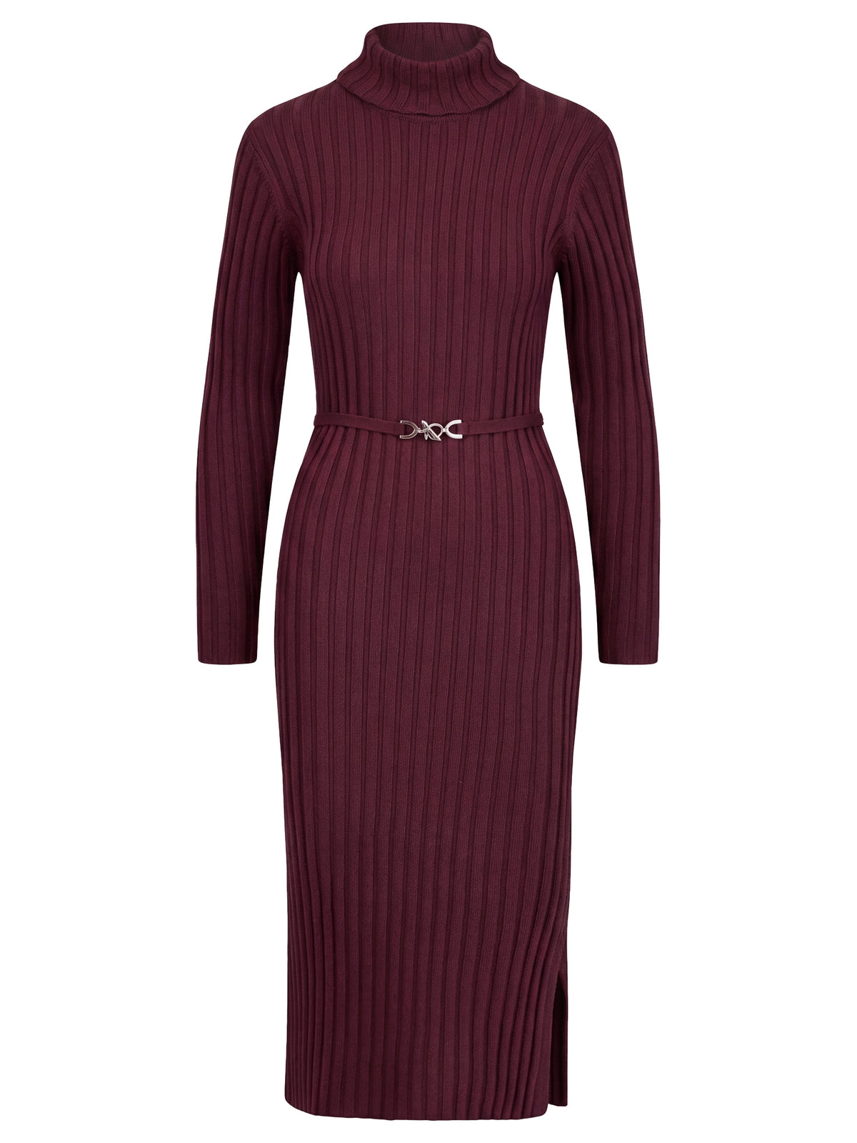 Rippenstrickkleid mit Rollkragen und Strickgürtel | weinrot