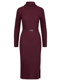 Rippenstrickkleid mit Rollkragen und Strickgürtel | weinrot