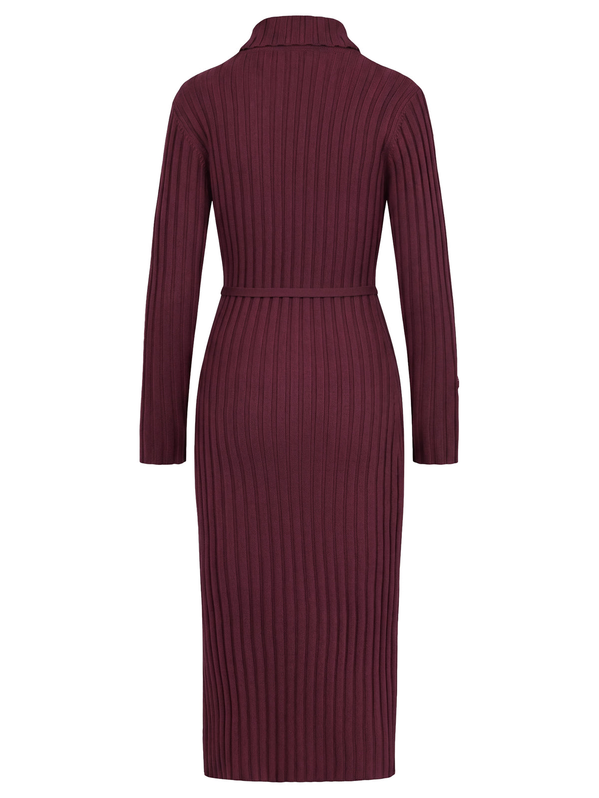 Rippenstrickkleid mit Rollkragen und Strickgürtel | weinrot