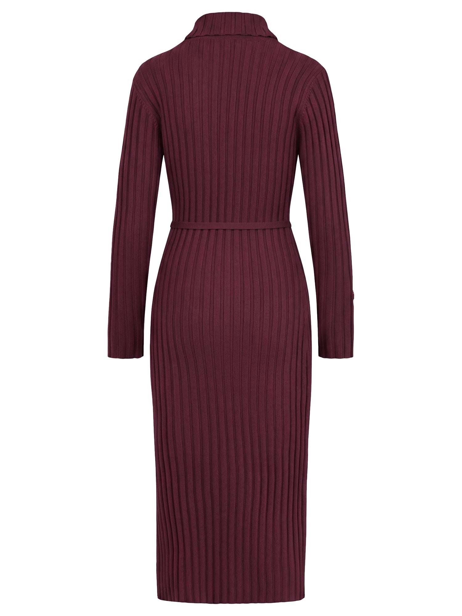 Rippenstrickkleid mit Rollkragen und Strickgürtel | weinrot