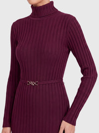 Rippenstrickkleid mit Rollkragen und Strickgürtel | weinrot