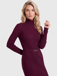 Rippenstrickkleid mit Rollkragen und Strickgürtel | weinrot