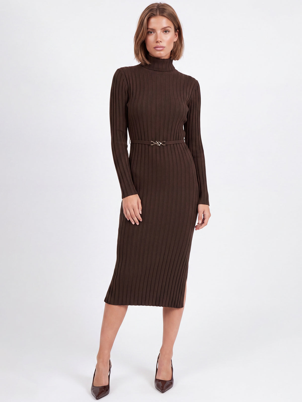 Rippenstrickkleid mit Rollkragen und Strickgürtel | braun