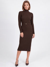 Rippenstrickkleid mit Rollkragen und Strickgürtel | braun